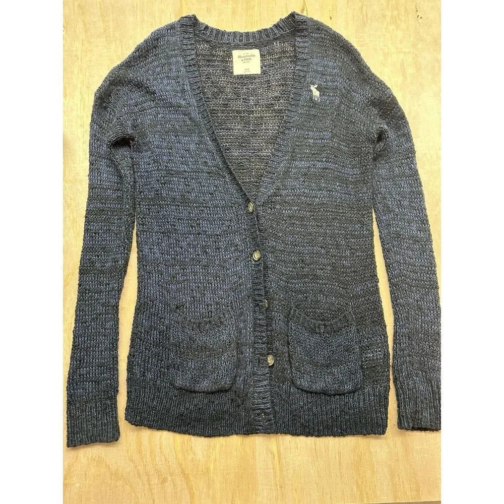 Abercrombie & Fitch Women Navy Blue Marled Knit Cardigan Sweater XS S moose logo